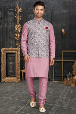 Pink Color Provocative Kurta Pyjama With Jacket In Cotton Fabric
