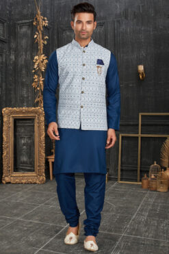 Captivating Cotton Fabric Kurta Pyjama With Jacket In Blue Color