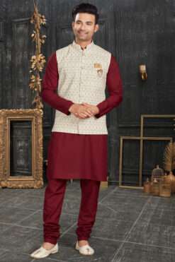 Enriching Maroon Color Cotton Fabric Kurta Pyjama With Jacket