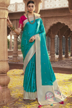 Mesmeric Cyan Color Function Wear Saree In Satin Silk Fabric