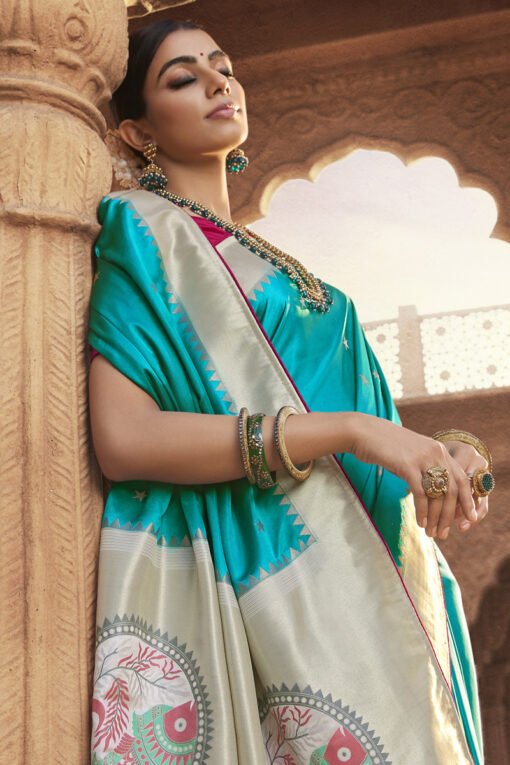 Mesmeric Cyan Color Function Wear Saree In Satin Silk Fabric