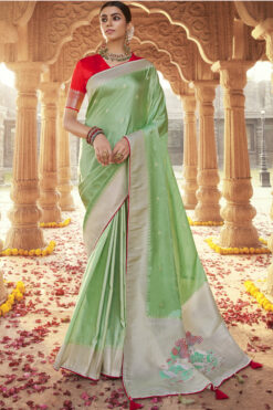 Radiant Sea Green Color Satin Silk Fabric Function Wear Saree