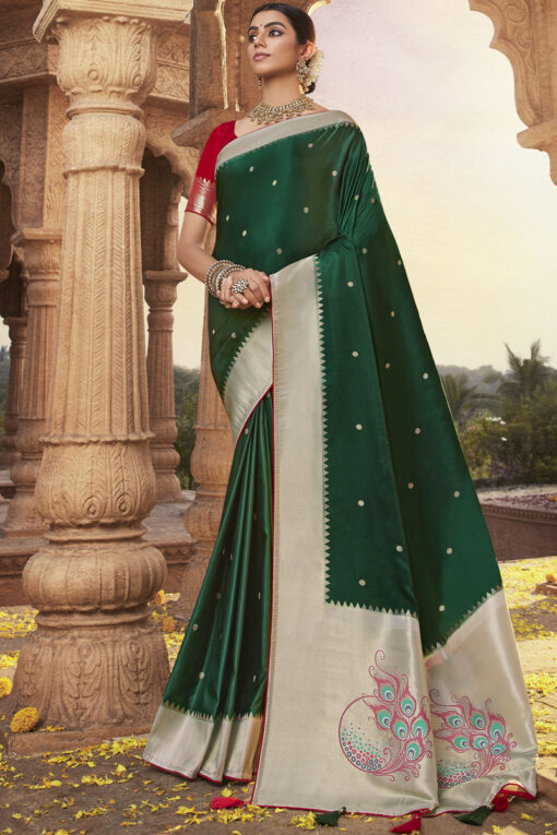 Excellent Satin Silk Fabric Dark Green Color Function Wear Saree