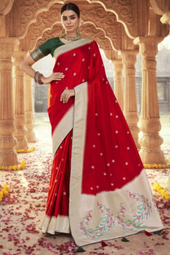 Incredible Satin Silk Fabric Red Color Function Wear Saree