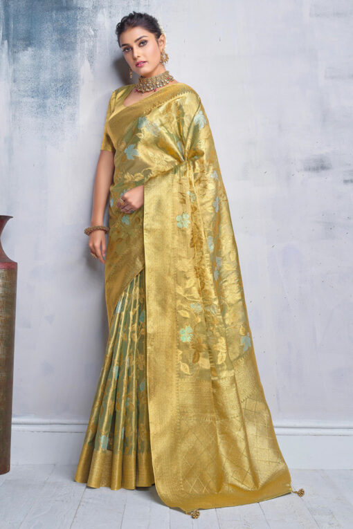 Ingenious Weaving Designs Golden Color Organza Saree