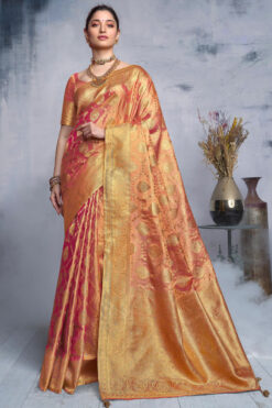 Tamanna Bhatia Fashionable Peach Color Weaving Designs Organza Saree