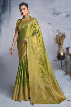 Glamorous Olive Color Weaving Designs Organza Saree