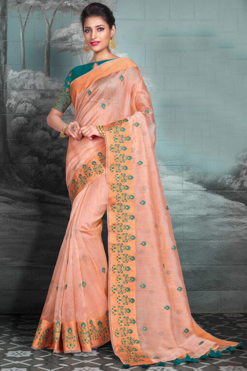Peach Color Tissue Silk Fabric Remarkable Festive Saree