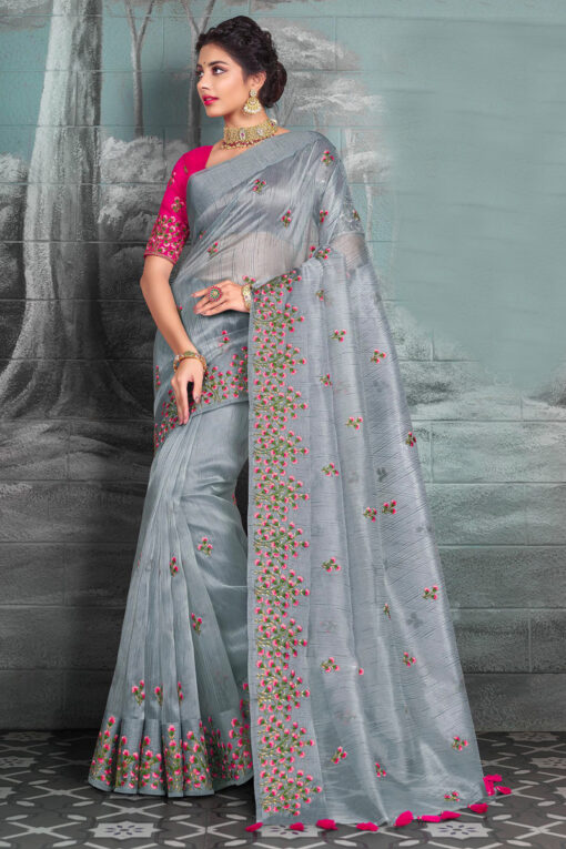 Beauteous Grey Color Festive Saree In Tissue Silk Fabric