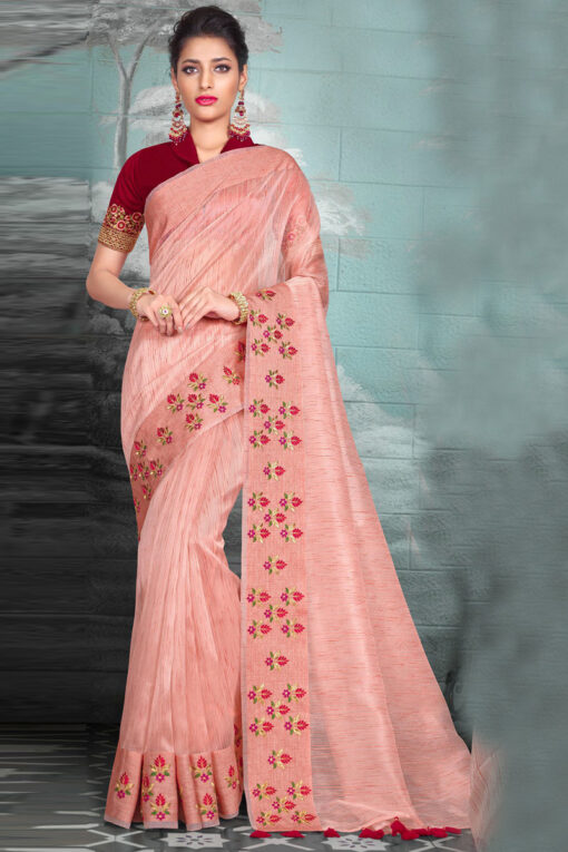 Tissue Silk Fabric Peach Color Engrossing Festive Saree