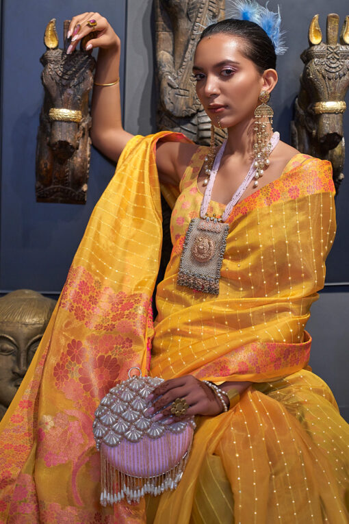 Yellow Color Function Look Charismatic Sequins Work Organza Saree