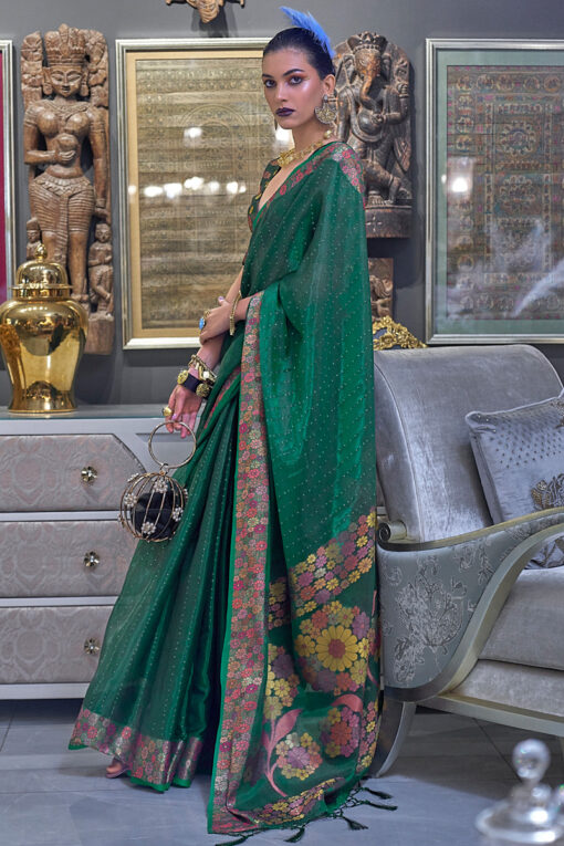 Function Look Luxurious Sequins Work Organza Saree In Green Color
