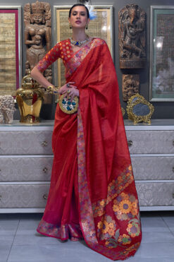 Function Look Mesmeric Sequins Work Organza Saree In Red Color