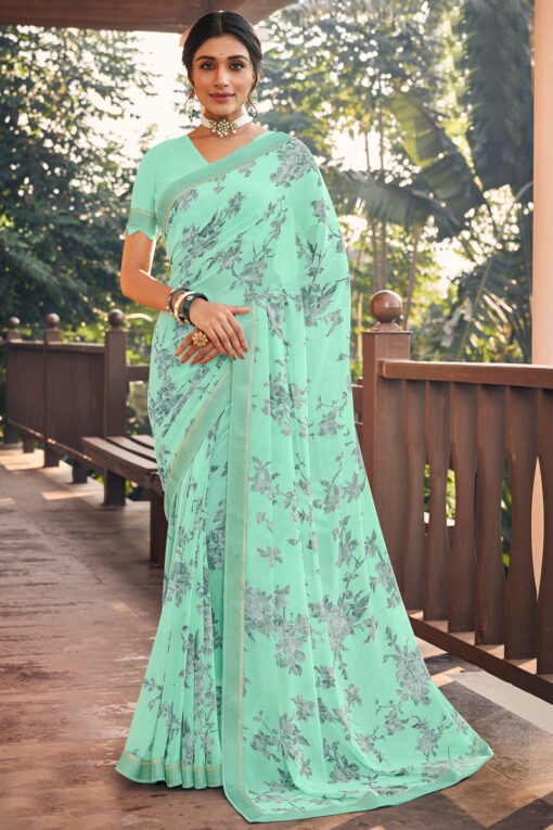 Glittering Light Cyan Color Georgette Light Weight Casual Saree