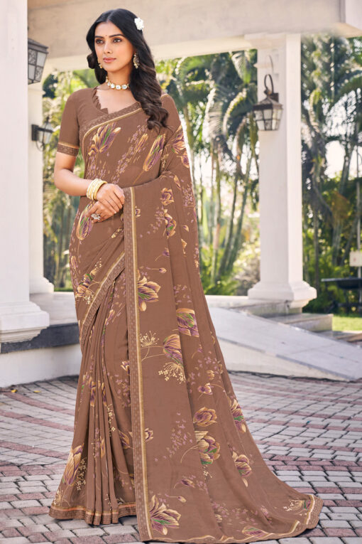 Brown Color Ingenious Georgette Light Weight Casual Saree