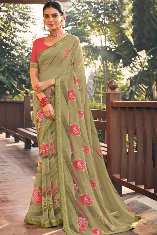 Beguiling Georgette Light Weight Casual Saree In Olive Color