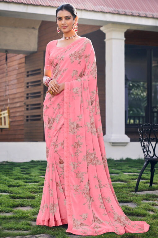 Amazing Georgette Light Weight Casual Saree In Pink Color