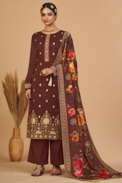 Brown Color Jacquard Fabric Elegant Festive Look Salwar Suit