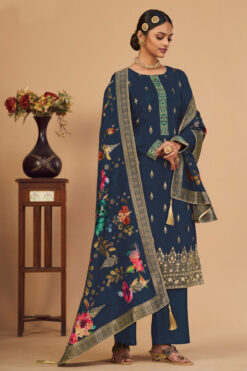 Blue Color Jacquard Fabric Tempting Festive Look Salwar Suit