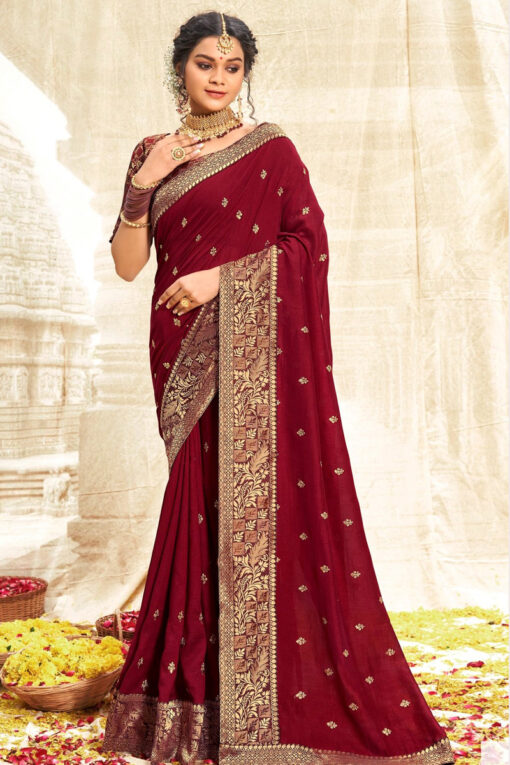 Maroon Color Fancy Fabric Festive Look Awesome Weaving Work Saree