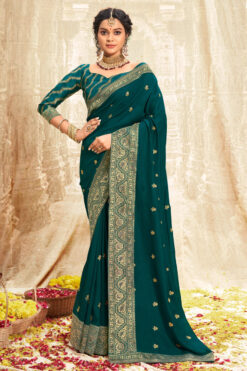 Teal Color Fancy Fabric Festive Look Sober Weaving Work Saree