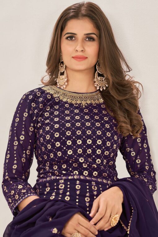Appealing Sequins Work On Georgette Fabric Sharara Top Lehenga In Purple Color