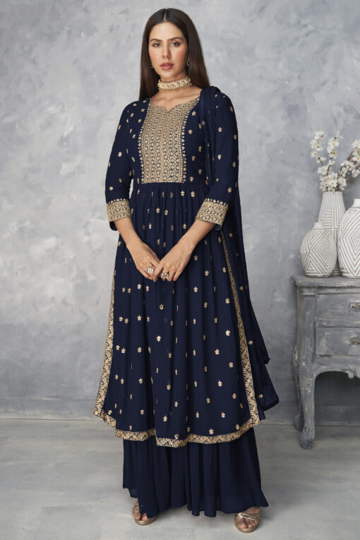 Sonam Bajwa Georgette Fabric Tempting Navy Blue Color Palazzo Suit