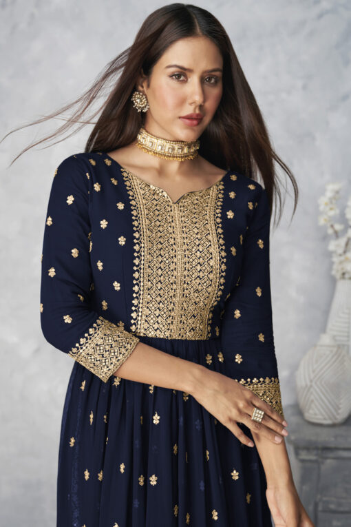 Sonam Bajwa Georgette Fabric Tempting Navy Blue Color Palazzo Suit