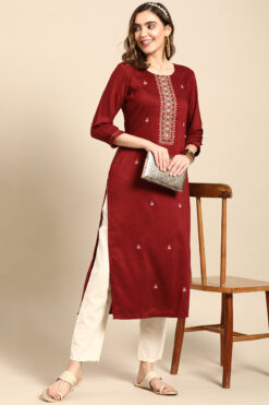 Awesome Floral Printed Rayon Fabric Maroon Color Kurti