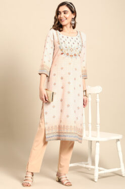 Floral Printed Glamorous Kurti In Beige Color Rayon Fabric