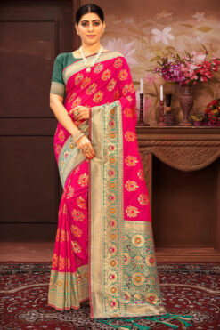 Weaving Work On Dazzling Banarasi Silk Saree In Pink Color