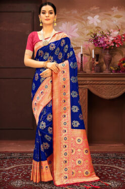 Weaving Work On Blue Color Appealing Banarasi Silk Saree