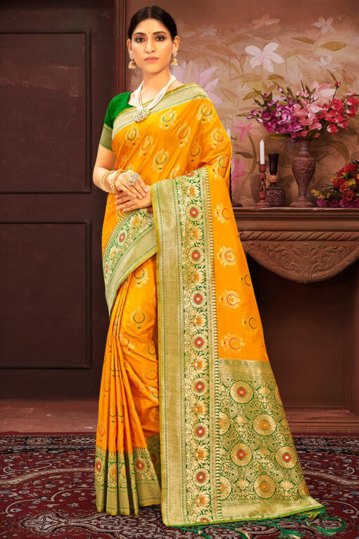 Yellow Color Banarasi Silk Ingenious Saree With Weaving Work
