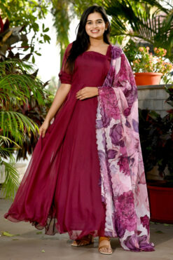 Art Silk Fabric Brilliant Gown With Printed Dupatta In Maroon Color