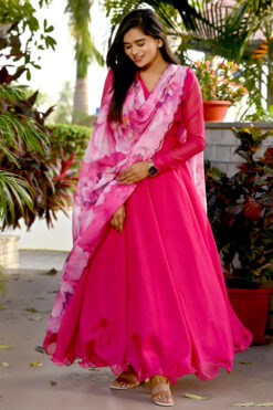 Art Silk Fabric Soothing Gown With Printed Dupatta In Pink Color