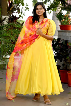 Yellow Color Art Silk Fabric Appealing Gown With Printed Dupatta