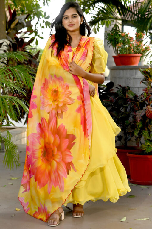 Yellow Color Art Silk Fabric Appealing Gown With Printed Dupatta
