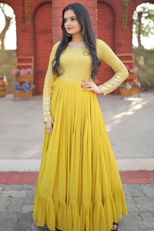 Georgette Fabric Function Wear Magnificent Gown In Yellow Color