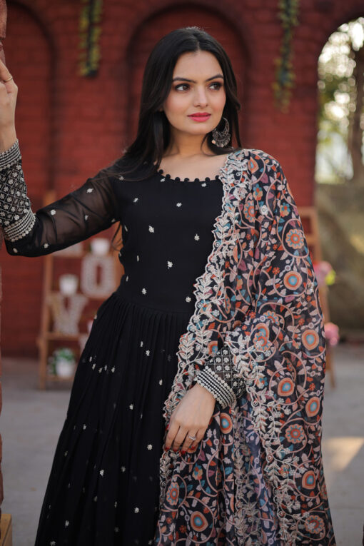 Black Color Georgette Fabric Fabulous Gown With Dupatta
