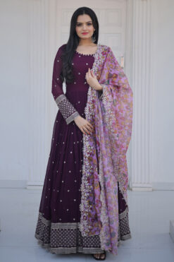 Georgette Fabric Wine Color Spectacular Gown With Dupatta