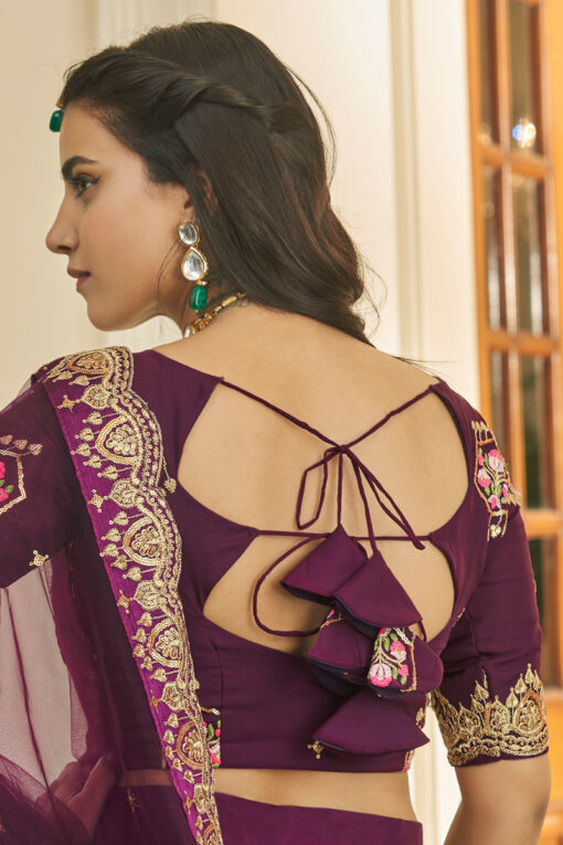 Purple Color Organza Fabric Tempting Embroidered Lehenga