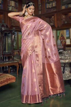 Excellent Tisuue Fabric Pink Color Saree With Weaving Work