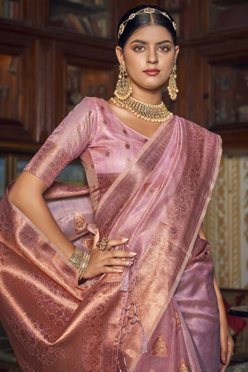 Excellent Tisuue Fabric Pink Color Saree With Weaving Work