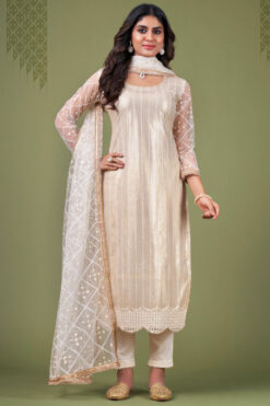 Graceful Sequins Work Cream Color Net Salwar Suit