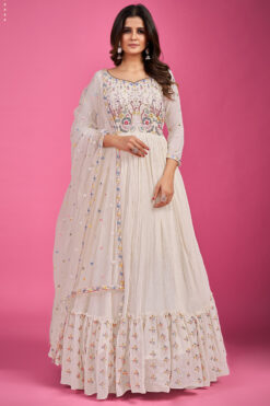 Alluring White Color Georgette Fabric Function Style Gown With Dupatta