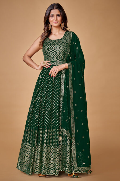 Excellent Sequins Work Dark Green Color Georgette Gown With Dupatta