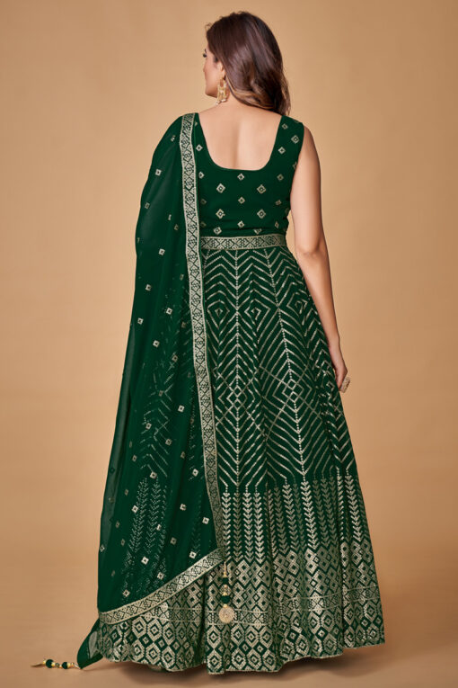 Excellent Sequins Work Dark Green Color Georgette Gown With Dupatta