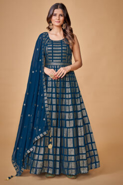 Beguiling Sequins Work On Navy Blue Color  Georgette Gown With Dupatta