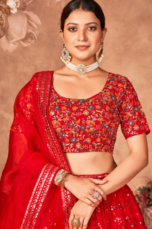 Organza Fabric Function Wear Wondrous Lehenga In Red Color