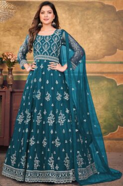 Beguiling Teal Color Net Fabric Function Look Anarkali Suit